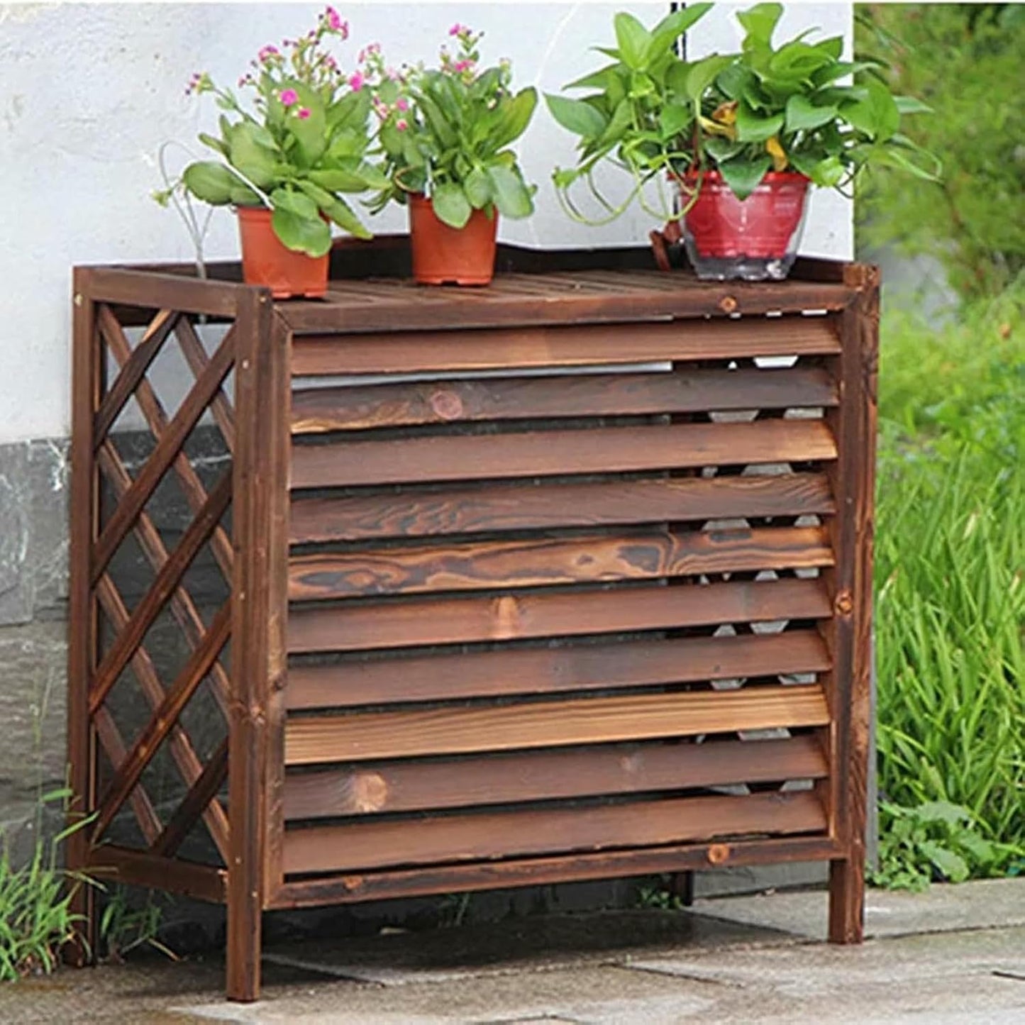 Solid Wood Air Conditioner Cover Privacy Screen Fence,Louvered Air Conditioner Outdoor Unit Waterproof Plant Stand,Hidden Trash Can Shell (Size : 103x44x93cm)