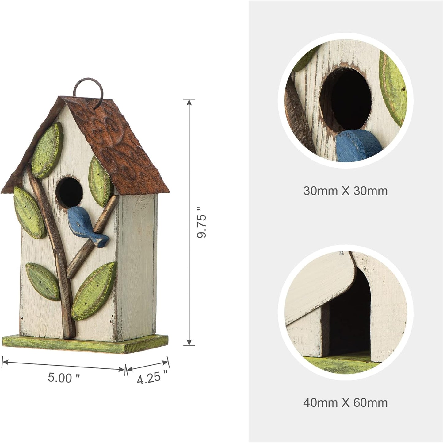 Glitzhome 9.7" H Hanging Birdhouse for Outdoor Patio Garden Decorative Pet Cottage Distressed Wooden Bird House for Finch Swallow Wren Chickadee, Leaves Rustic White