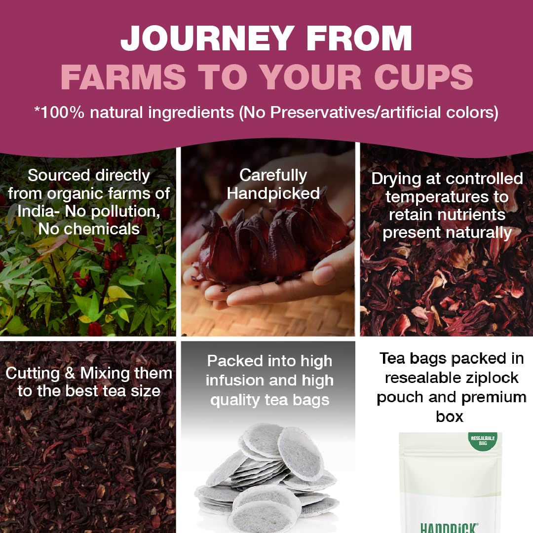 HANDPICK, Organic Hibiscus Tea Bags (100 Tea Bags) | Caffeine-Free, 100% Natural Pure Indian Hibiscus Flowers