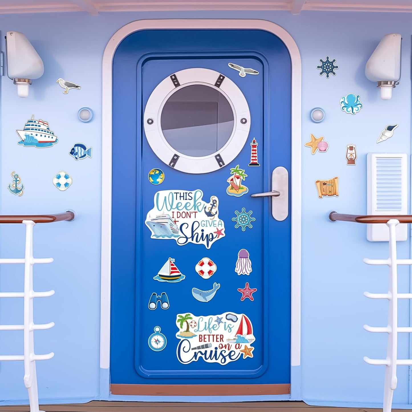 27PCS Cruise Door Decorations Magnetic, Large Nautical Ship Magnets Reusable Funny Carnival Cruise Cabin Magnets Stickers for Door Decorations Fridge Car Computer