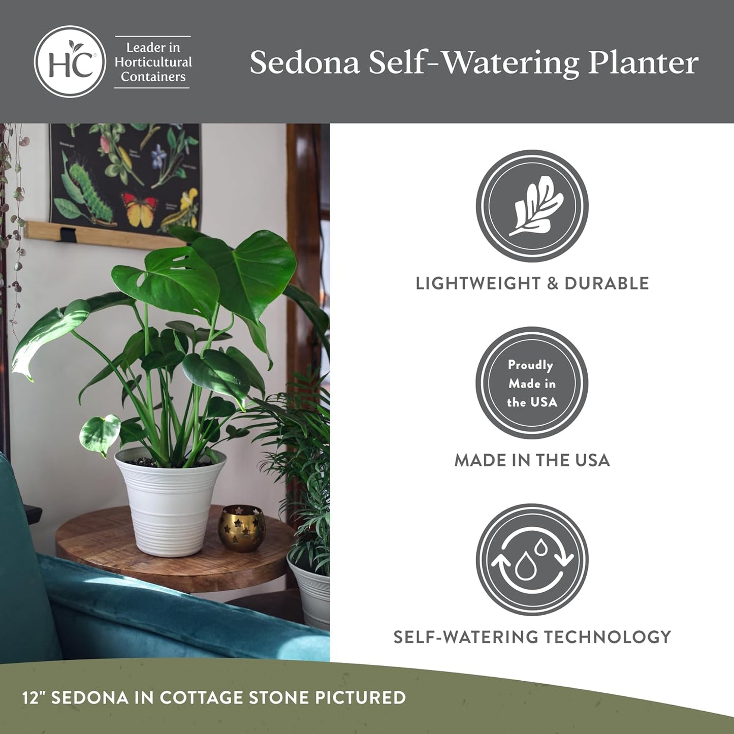 The HC Companies 14 Inch Sedona Round Self Watering Planter Pots, Ligh