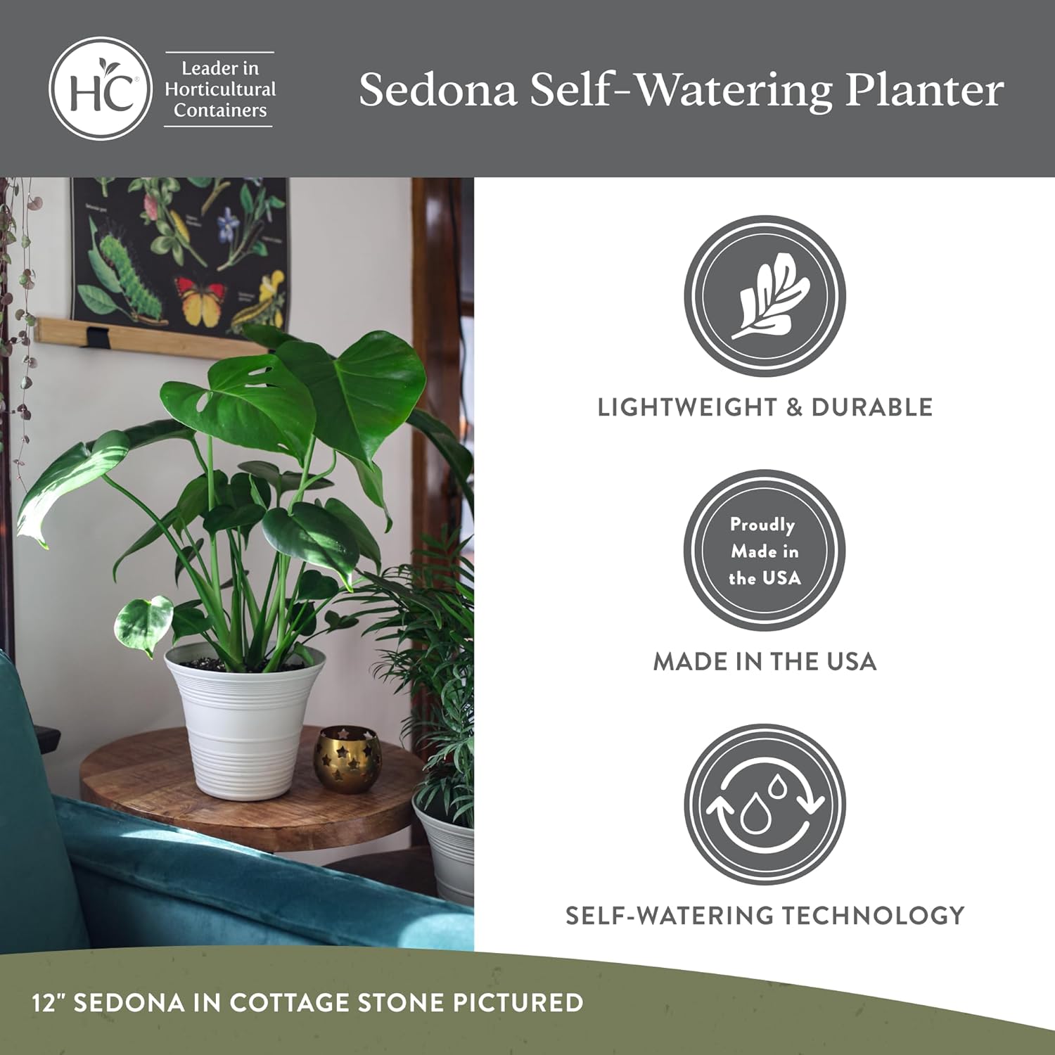 The HC Companies 14 Inch Sedona Round Self Watering Planter Pots, Ligh