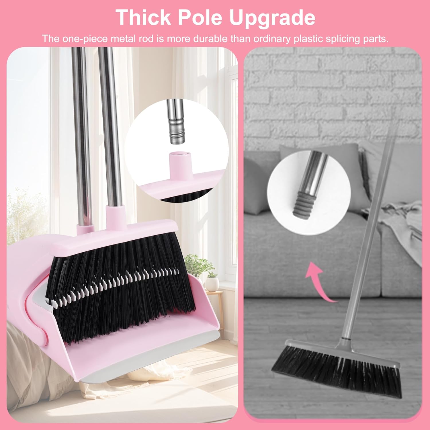 Pink Broom and Dustpan Set, 52” Long Adjustable Handle Broom with Dust