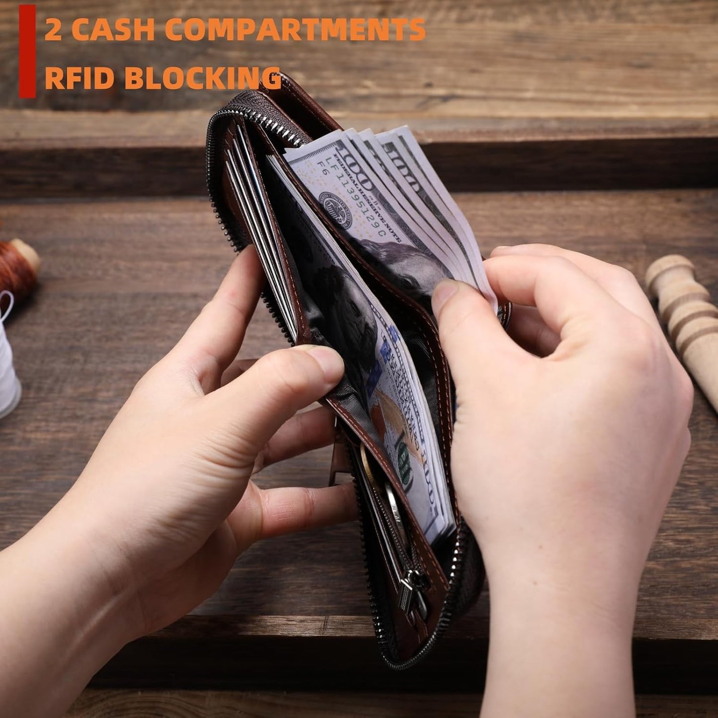 BULLCAPTAIN Genuine Leather Men's Wallet with Zipper Vintage RFID Bloc