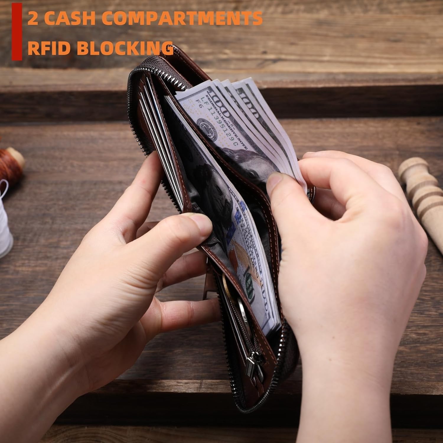BULLCAPTAIN Genuine Leather Men's Wallet with Zipper Vintage RFID Bloc