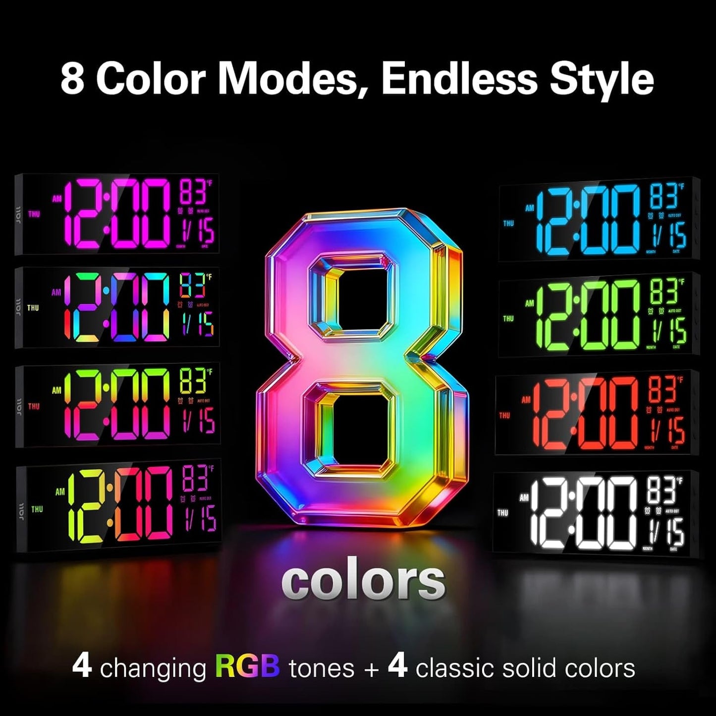 JALL 16.15 inch Large Digital Wall Clock, RGB Lights with Remote Control, Dual Alarms with Big LED Display, Auto DST, C° / F° Temperature for Classroom, Birthday Gift, Senior