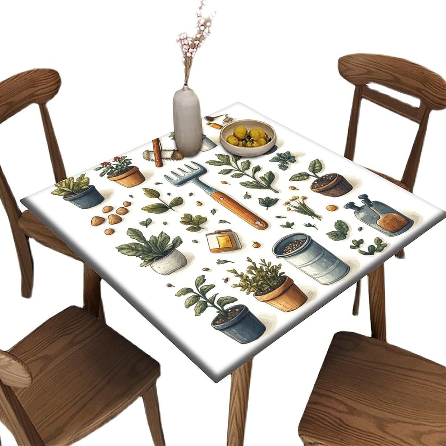 Fitted Folding Table Tablecloth, Garden Tools Pattern Printed on Stain