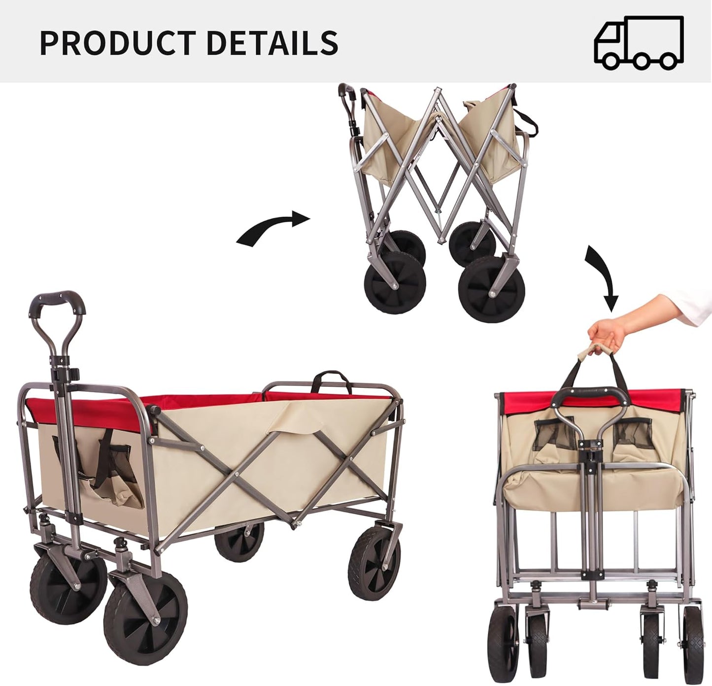 Folding Wagon Cart Beach Wagon Utility Wagon Cart Outdoor Heavy Duty Garden Portable Hand Cart with All-Terrain Wheels & Adjustable Handle (White+Red)