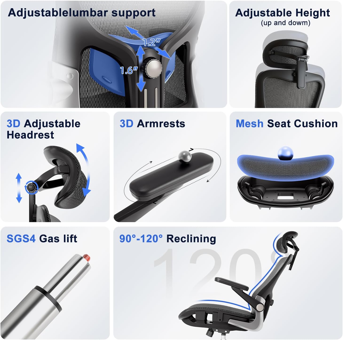 Ergonomic Office Chair, Mesh Seat Cushion with 3D Armrests and 3D Head