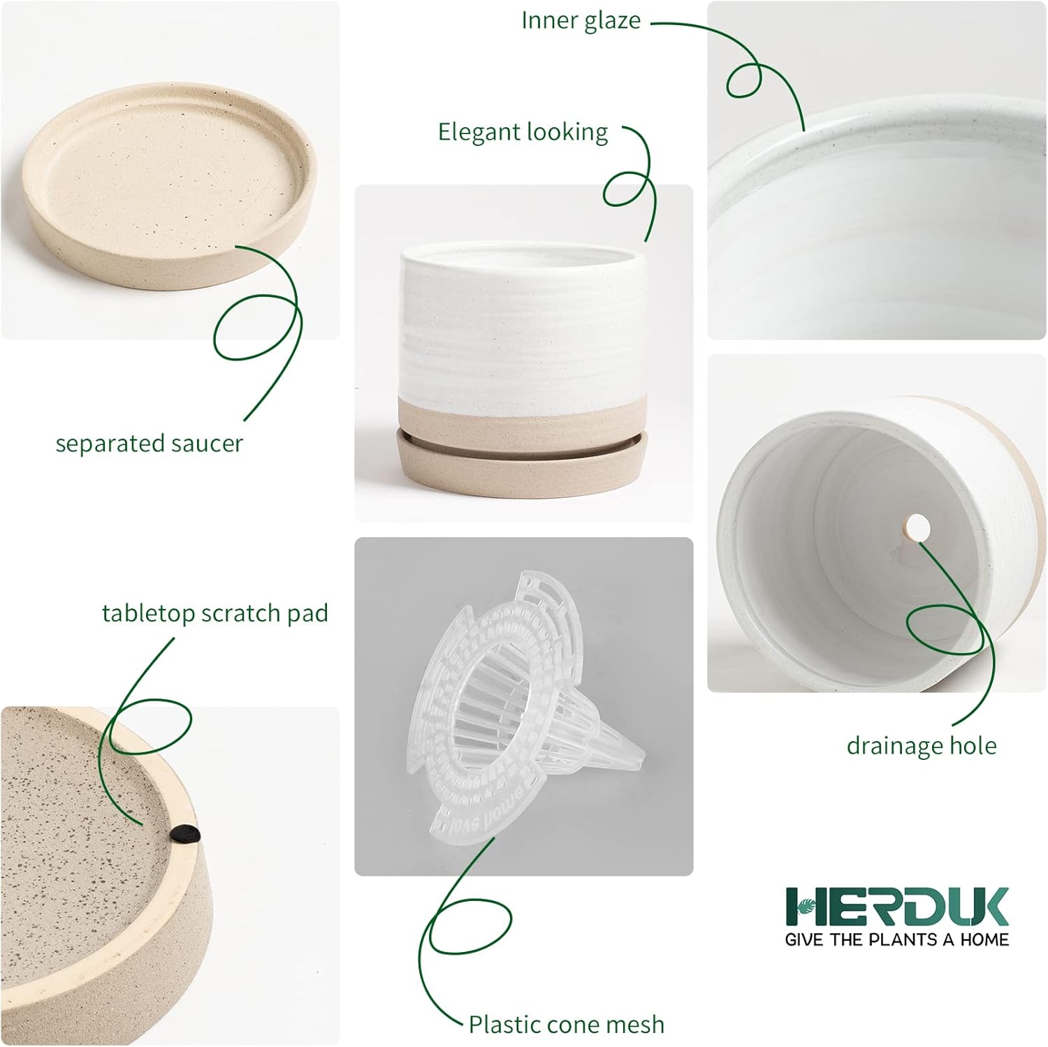 6 Inch Plant Pots, Ceramic Planter Pot with Drainage Hole & Saucer, In
