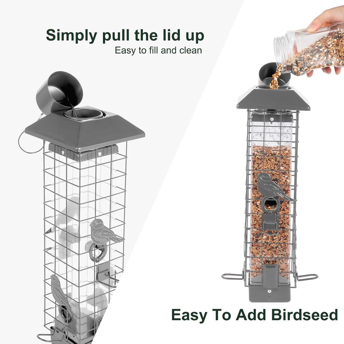 Squirrel Proof Bird Feeders for Outdoors, Metal Wild Bird Feeder for Outside Hanging, 4 Ports Perches, 3LB Large Capacity(Gray)
