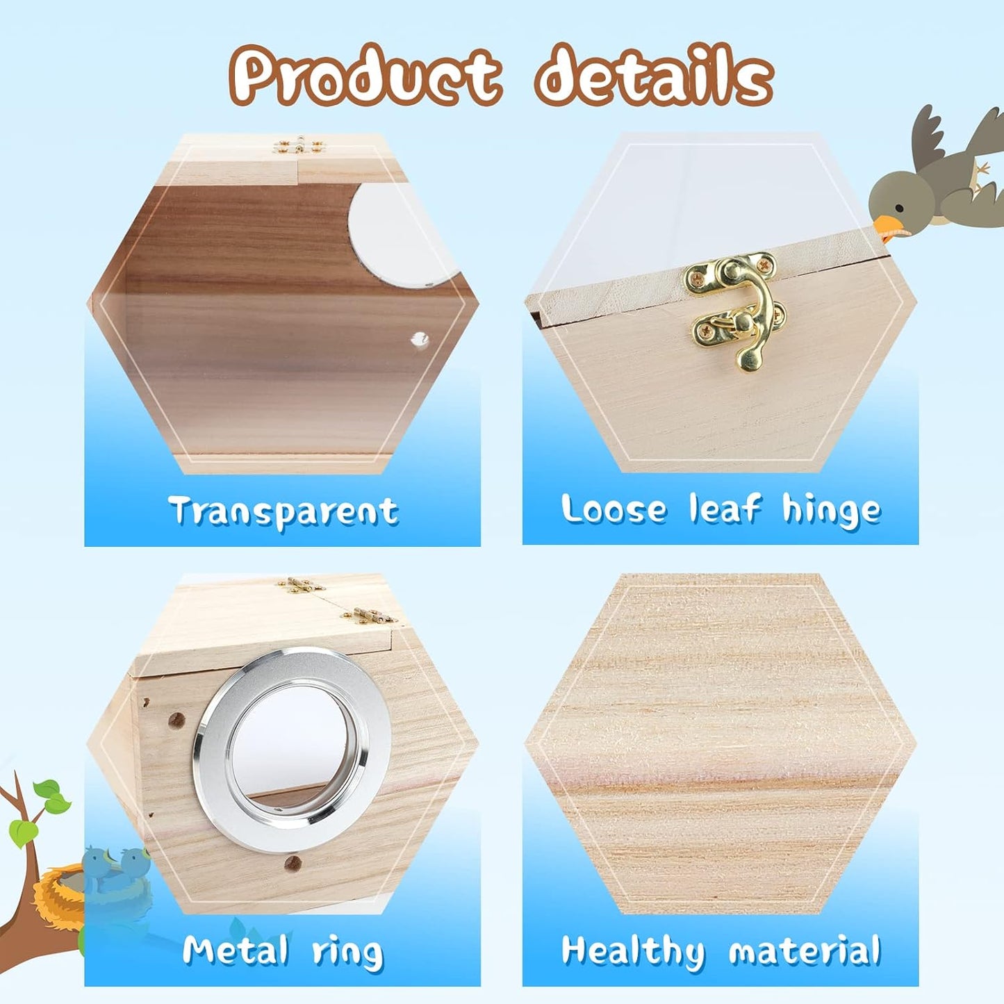 Parakeet Nesting Box Transparent Bird House for Cage Natural Wood Bree
