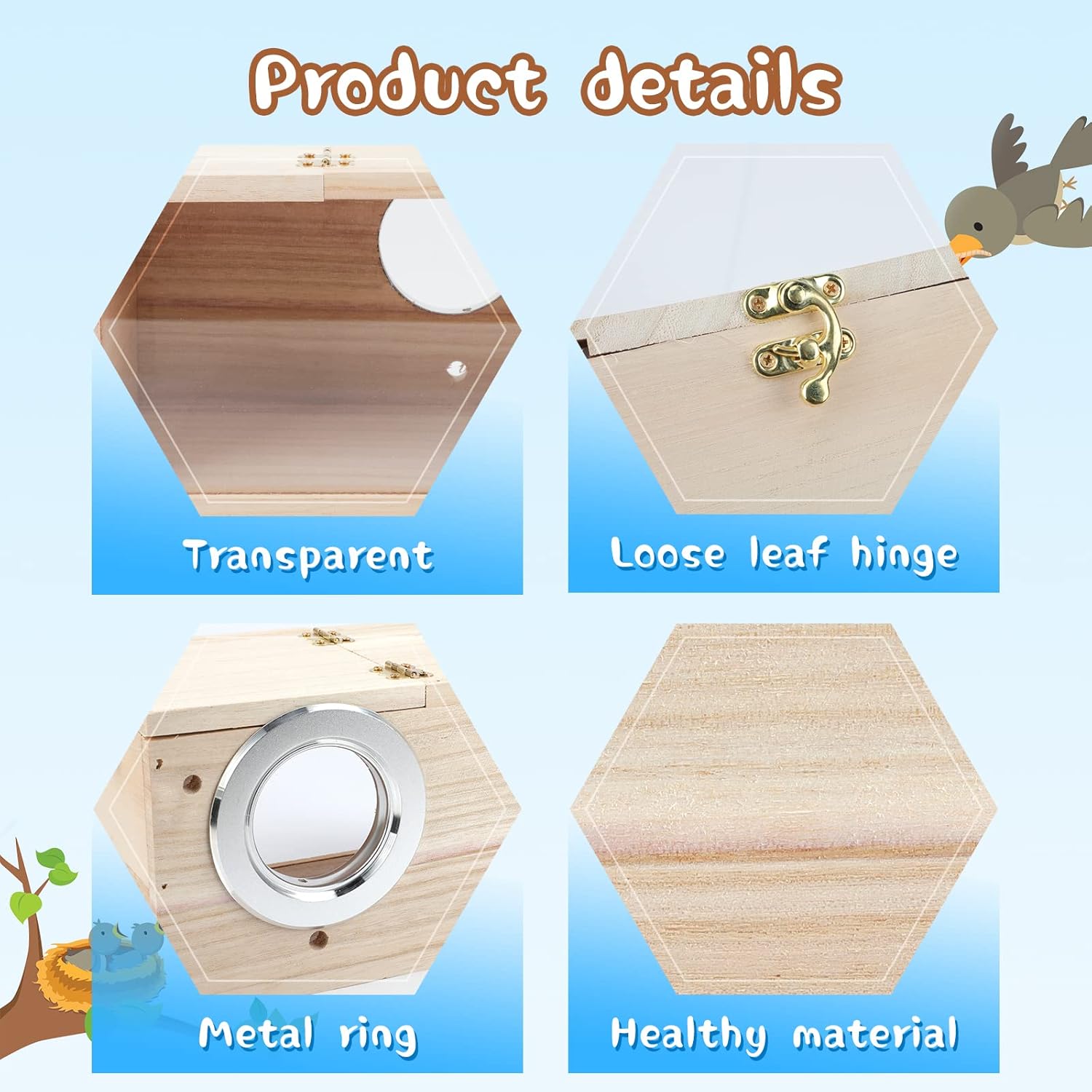Parakeet Nesting Box Transparent Bird House for Cage Natural Wood Bree