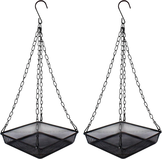 2 Pack Hanging Bird Feeder Tray 6.7 Inch Square Metal Mesh Seed Holder, Durable Metal Mesh Feeders with Chains for Attracting Various Species of Wild Birds