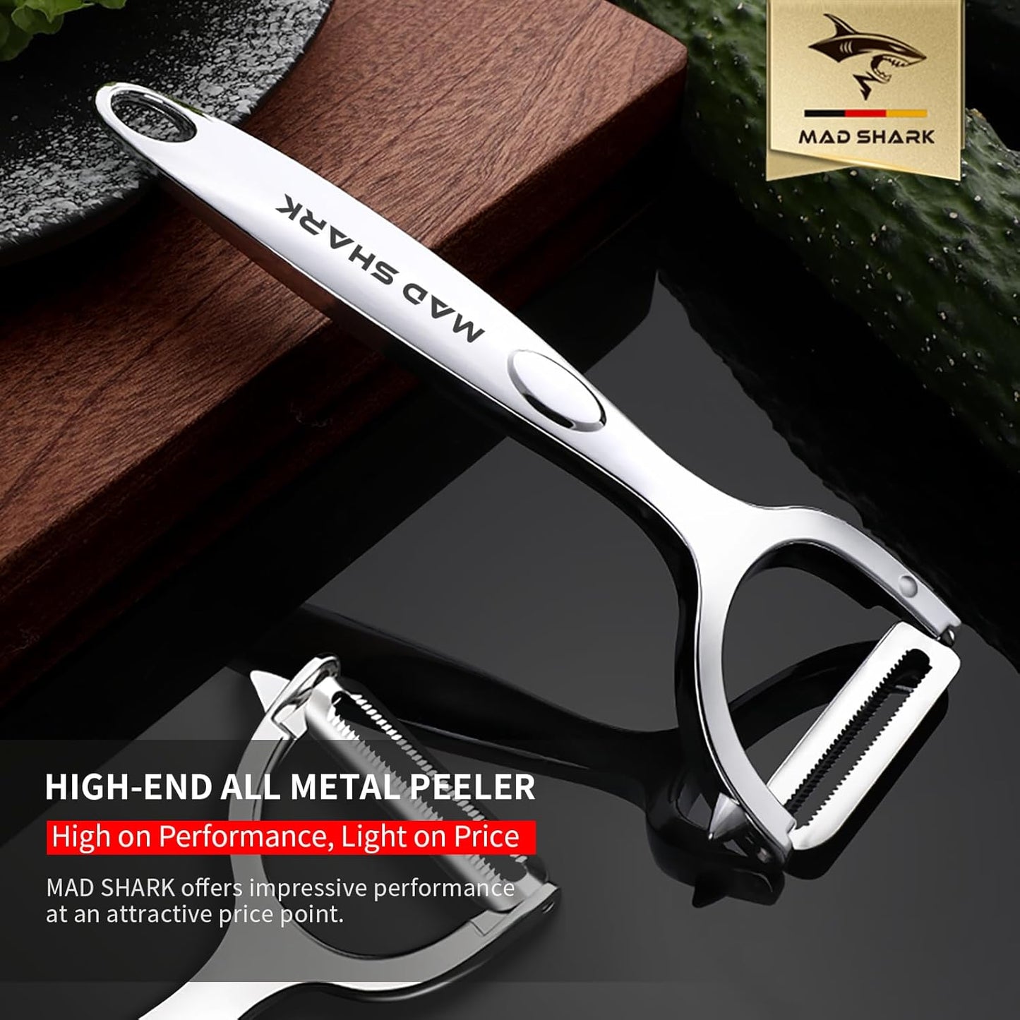 MAD SHARK Ultra Sharp Vegetable Peelers for Kitchen 10 Years No Rust Stainless Steel Serrated Potato Peeler Easy to Use Y Peeler with Durable Non-Slip Ergonomic Grips for Carrots, Fruits, Veggie