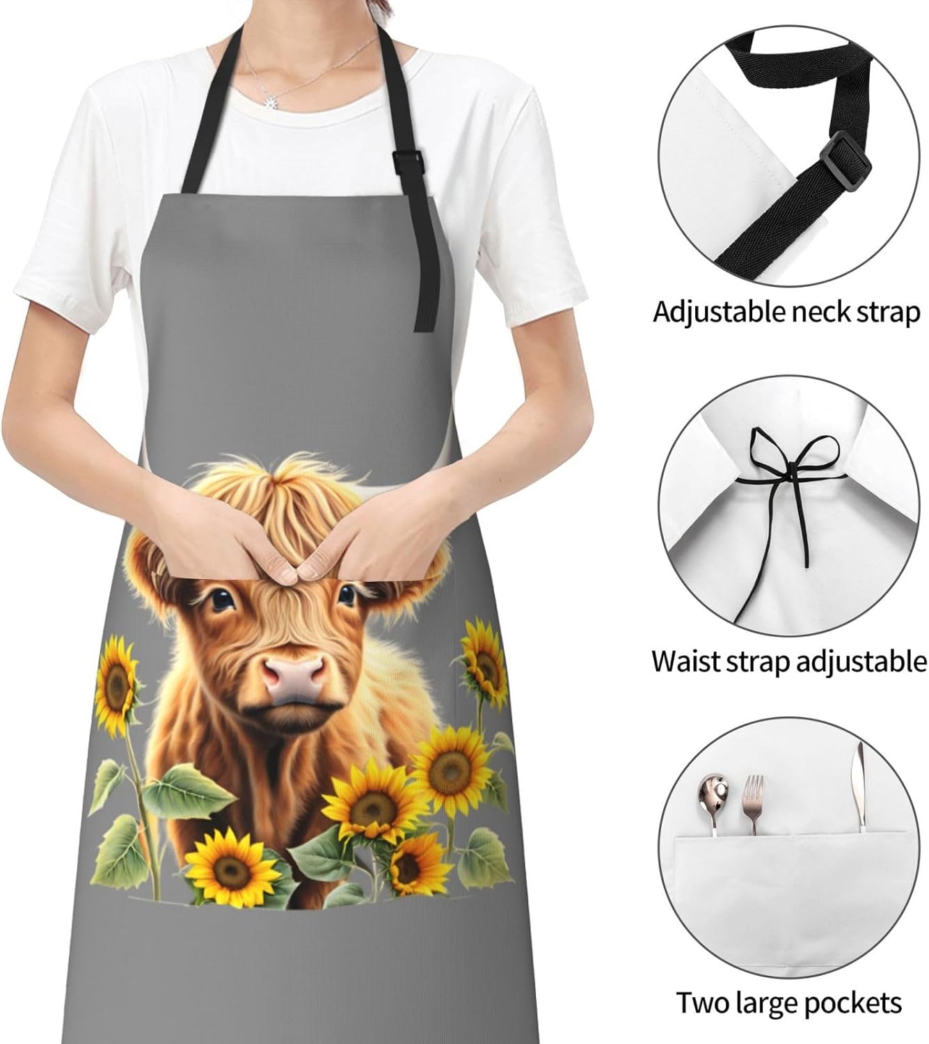 YANYU Cute Cow Print 28x33 In Kitchen Apron Stylish Chef Apron with Po