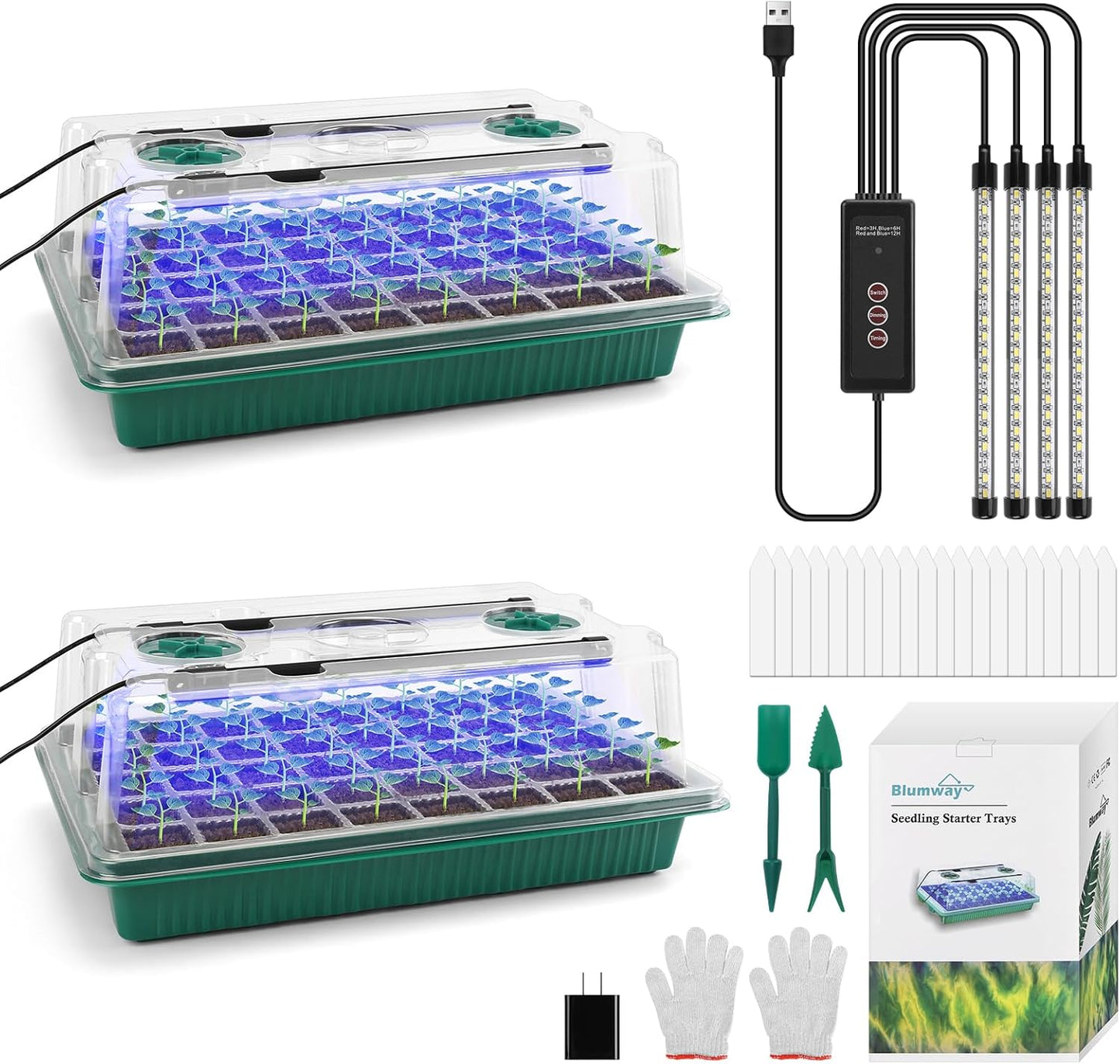 BlumWay Seed Starter Tray with Grow Light,2 Pack 80 Cells Seedling Tra