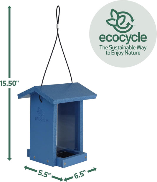 Tasty Tidbit Recycled Plastic Bird Feeder with Fresh Seed Tray for Wild Birds and Outdoor Décor, 0.875 Quart Capacity, Blue