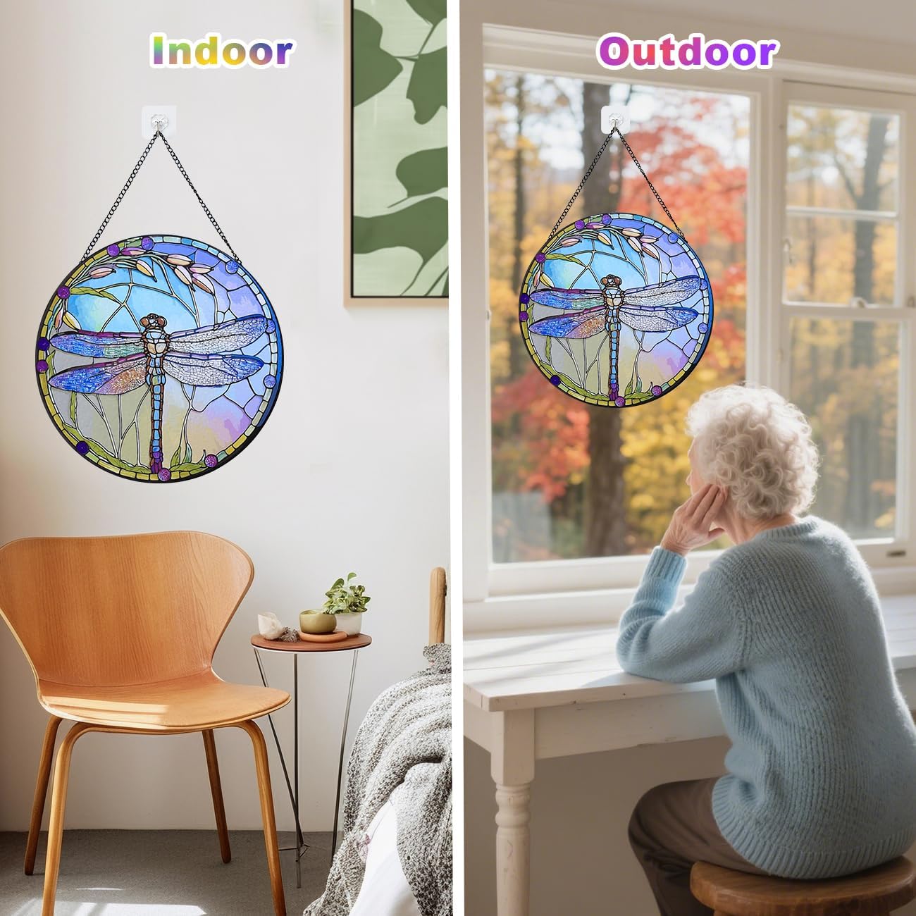 12 Inch Stained Glass Window Hanging, Large Dragonfly Suncatcher, Stained Glass Window Suncatcher, Dragonfly Home Wall Art Decor for Indoor/Outdoor, Hand Colorful Panel Sun Catcher, Gift for Mom