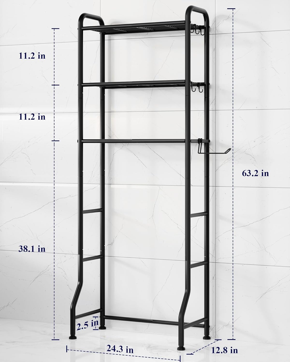 Kitsure Over Toilet Storage Rack - Metal Over Toilet Bathroom Organizer Shelf, Over the Toilet Storage Cabinet with Paper Holder and Hooks, Bathroom Cabinet for Laundry, Black, 3 Tiers (63.2" H)