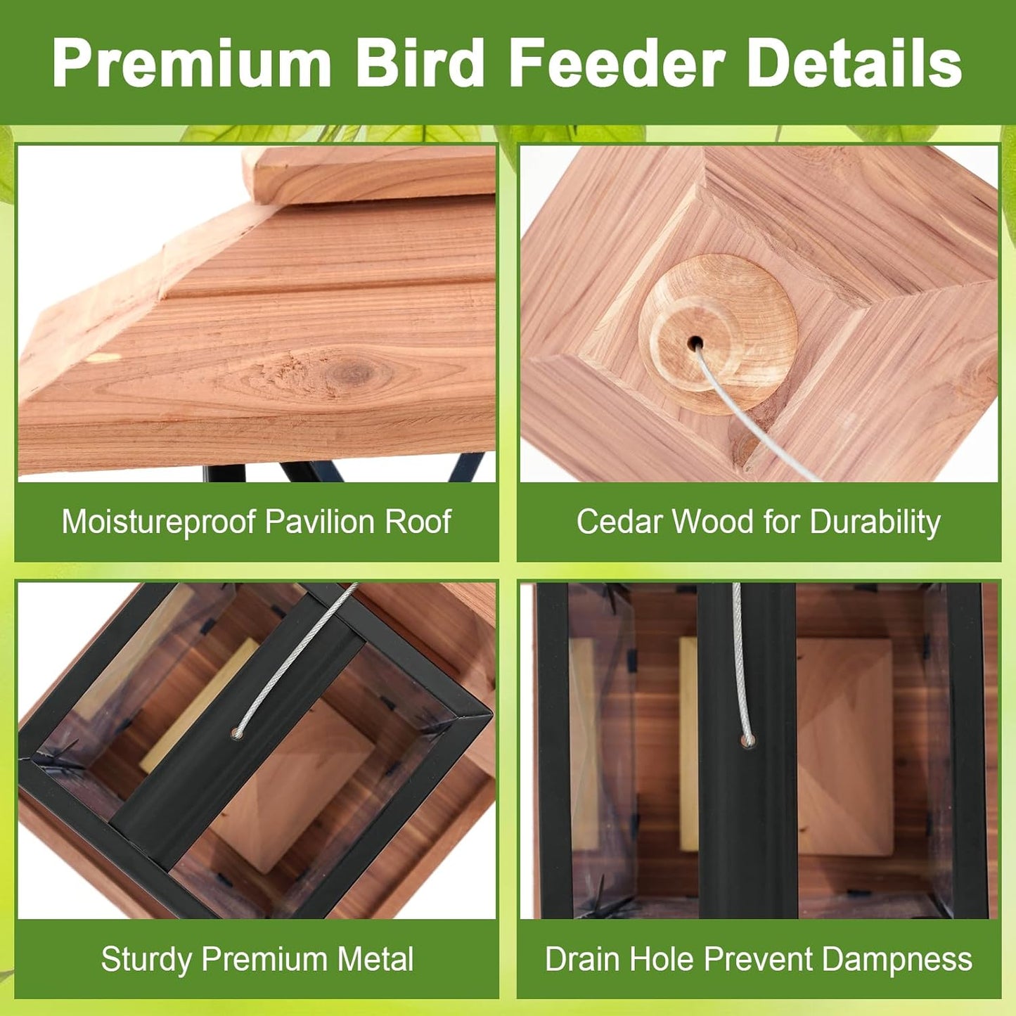 Cedar & Metal Mesh Bird Feeder for Outdoors Hanging Mount Large Capaci
