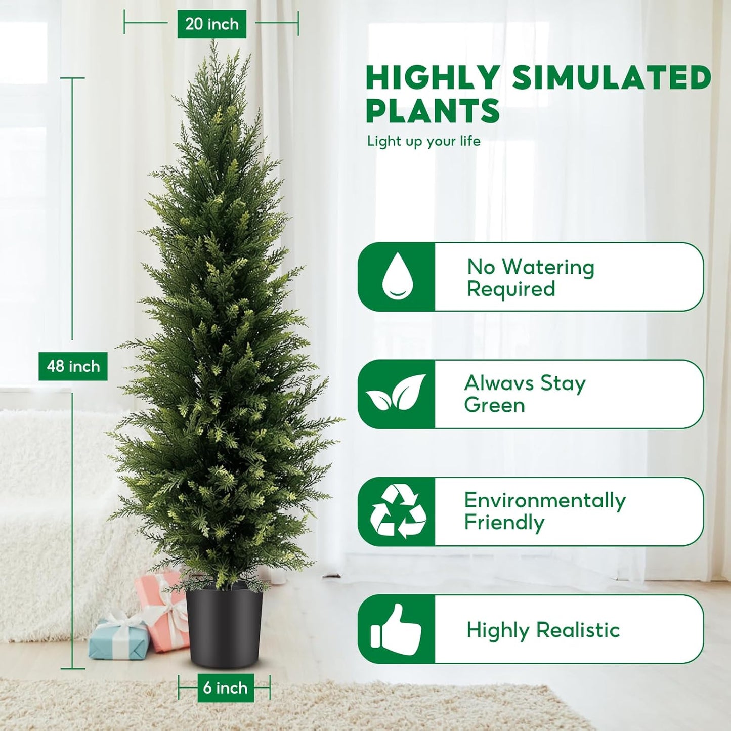 4FT Artificial Cedar Topiary Trees (Set of 2) - UV Resistant Outdoor Indoor Potted Plants, Realistic Faux Cedar Bushes for Porch, Front Door, Patio, Home & Office Decor, No Maintenance