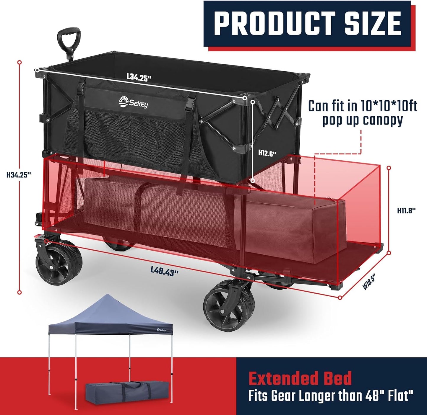 Sekey 500LBS Heavy Duty Double Decker Wagon with Extender, 400L Large Capacity Collapsible Garden Cart Fits 10x10 Canopy, All-Terrain Big Wheels with Brakes, Foldable Utility Wagon for Sports, Camping
