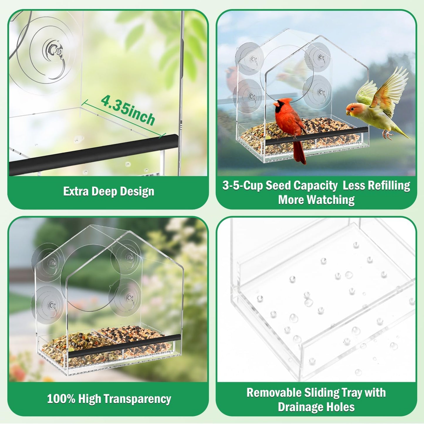 Window Bird Feeder with 4 Extra Strong 2.36" Suction Cups - 4.4" Extra Deep Tray for Large Capacity, Clear Acrylic Bird Feeder for Outdoors, Removable Tray with Drain Holes, Gift for Parents