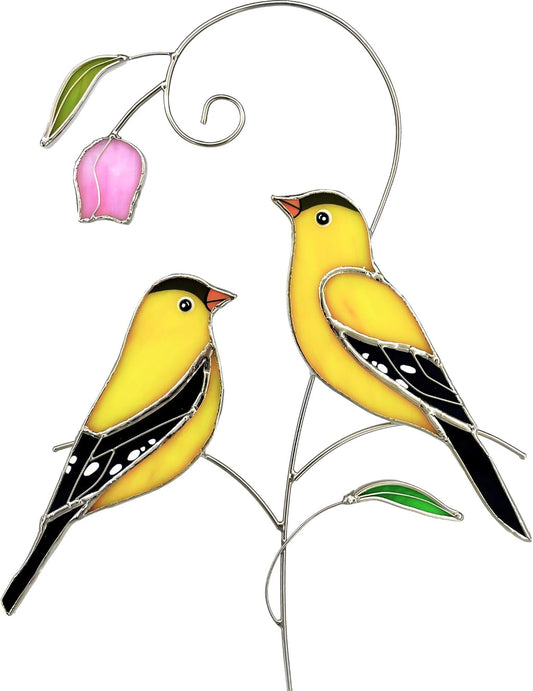 Goldfinch (1 Pair) Stained Glass Birds Suncatcher for Mom, Grandma, Women - Real Glass Window Hanging Ornament - Handmade Bird Lover Home Decor (Gifts Ready Packaging)