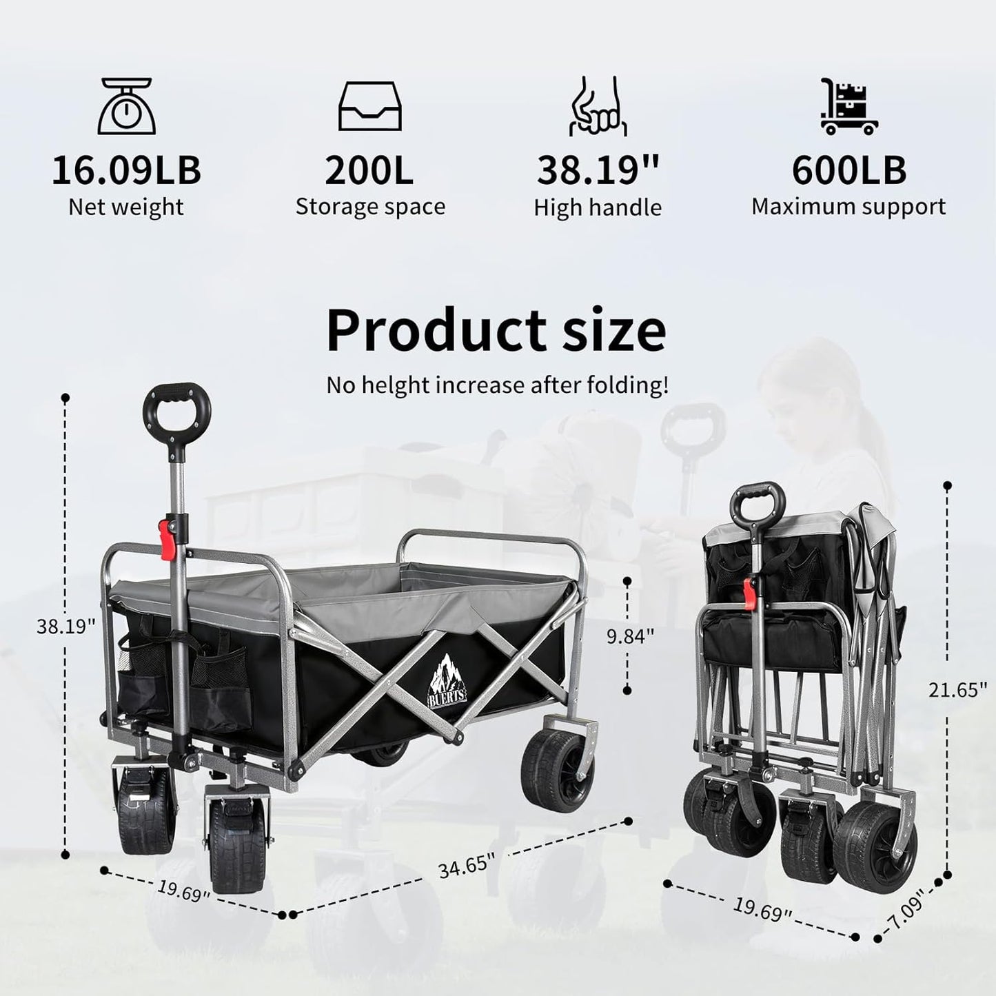 Collapsible Wagon - 600LBS Heavy-Duty Large Capacity Foldable Utility Cart, Oversized All-Terrain Wheels, 3-Second Quick Fold Beach Wagon for Camping, Gardening, Beach & Backcountry Trip（BLACK）