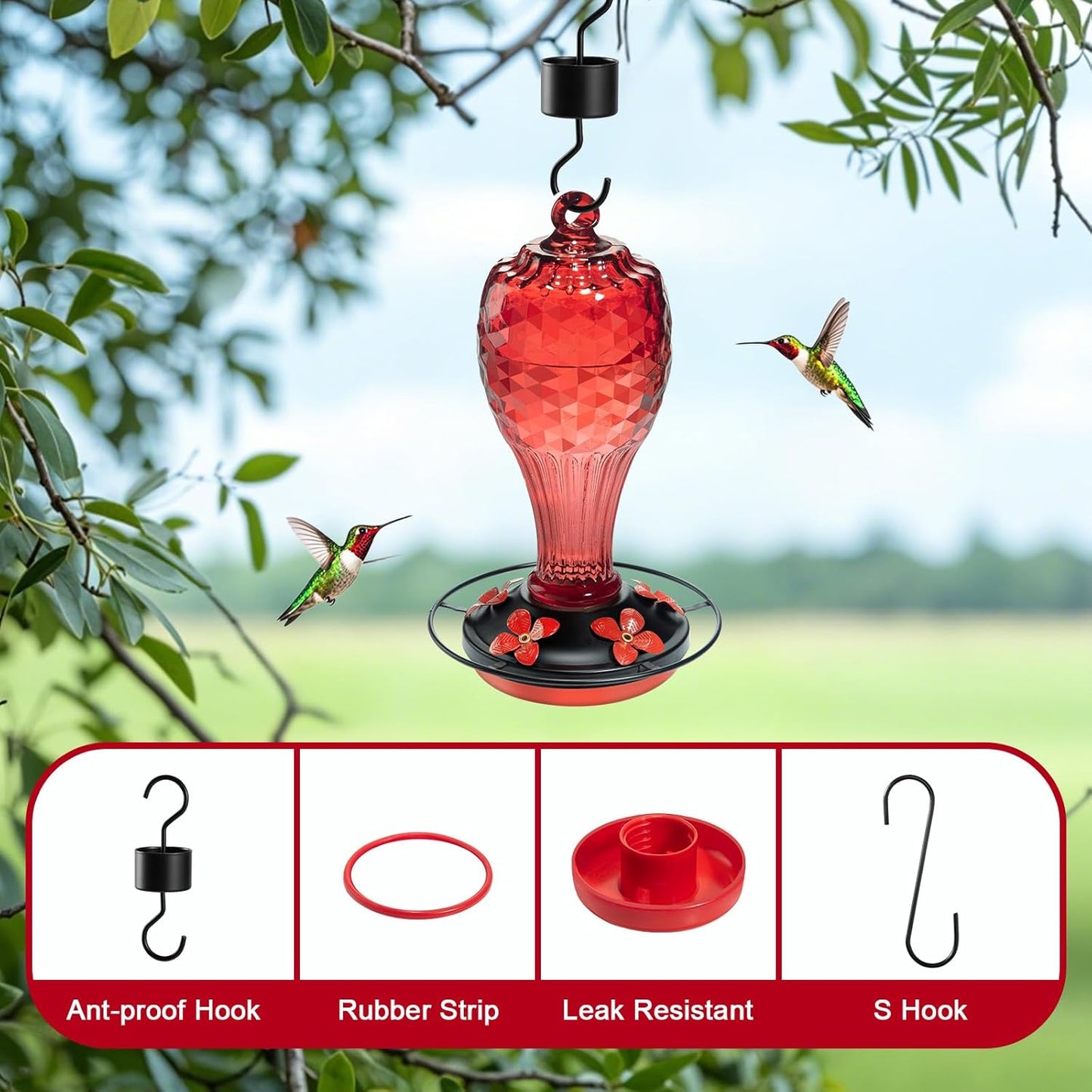 20 OZ Glass Hummingbird Feeders for Outdoors Hanging - Hand-Blown Vibrant Red Reflective Fish-Scale Design - Attracts More Hummingbirds - Leak-Proof Silicone Seal & Ant Moat - Gift for Mom