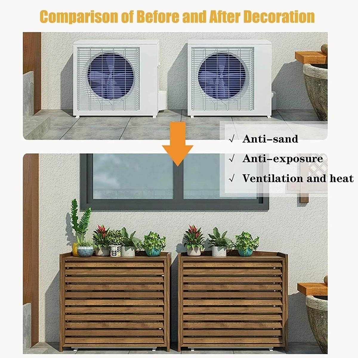 Wooden Air Conditioner Cover & Privacy Screen with Flower Stand, Louvered Frame for Outdoor AC Units, Plant Display Rack, 4 (100x43x94cm/39.3x17x37in) (Brown 85x35x75cm/33.4x13.7x29.5in)