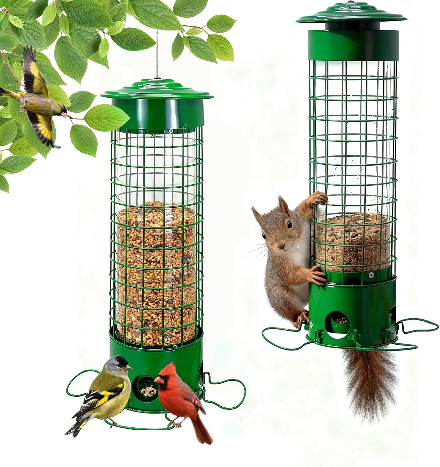 Squirrel-Proof Outdoor Bird Feeder Weight-Activated Squirrel-Proof Bird Feeder 33.5 inches Tall Wide-Mouth Design Green (Green)