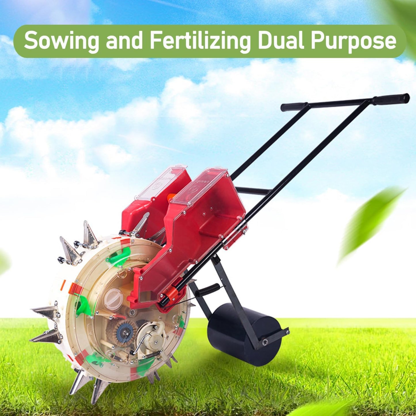 Corn Seeder Planter - Hand Push Seed Sower & Fertilizer Applicator for Garden Lawns, Adjustable Planting Depth 3.5-7.8cm, Perfect for Efficient Planting, 5 Mouths Included
