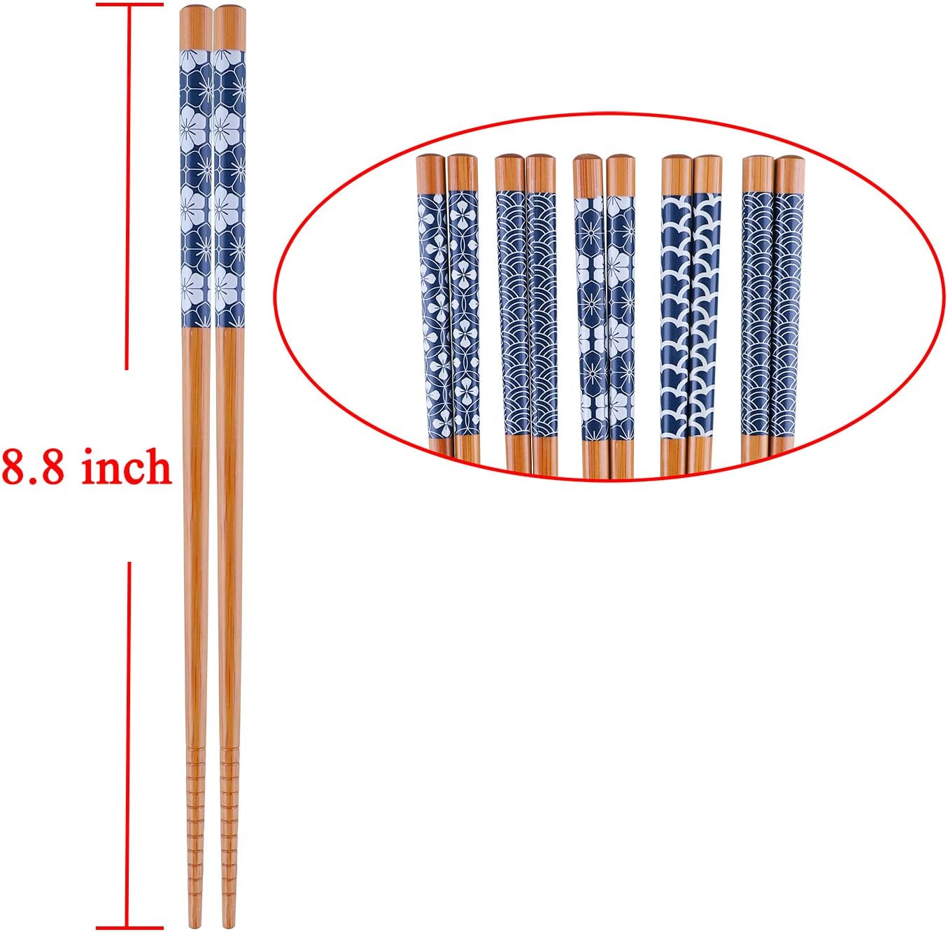 Antner 5 Pairs Natural Bamboo Chopsticks Reusable Classic Japanese Style Chop Sticks Gift Sets, Dishwasher Safe, 8.8 Inch/22.5cm