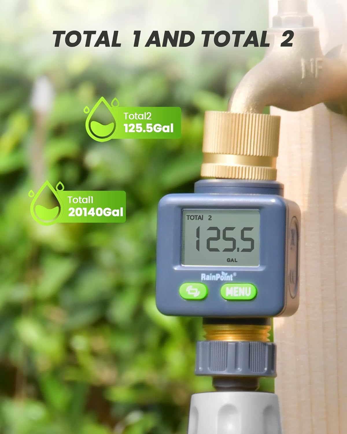 RAINPOINT Water Flow Meter with Brass Inlet & Outlet, 180° Screen-Flip