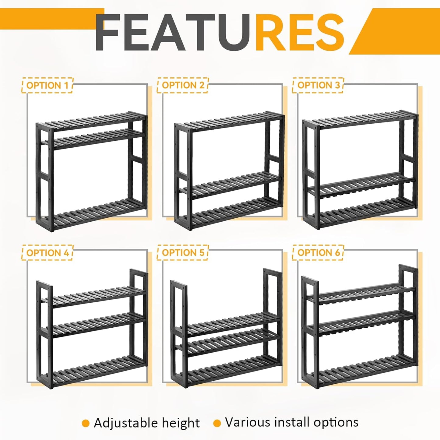 Wood Bathroom Shelf, 3-Tier Adjustable Shoes Rack&Plants Rack, Wall-Mounted or Stand for Living Room (Black)