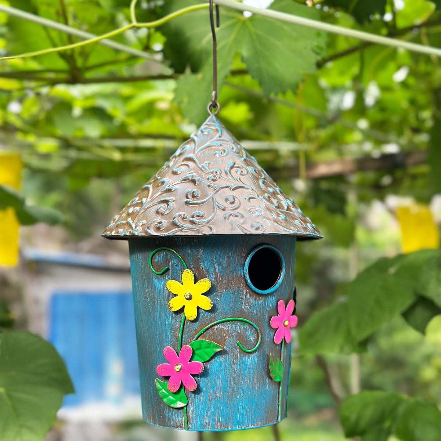 9.25" H Metal Hanging Decorative Birdhouse for Hummingbird with Paint - Bird Houses for Outside, Birdhouses for Outdoors, Bluebird Houses for Outside for Yard, Garden, Backyard. (Blue)