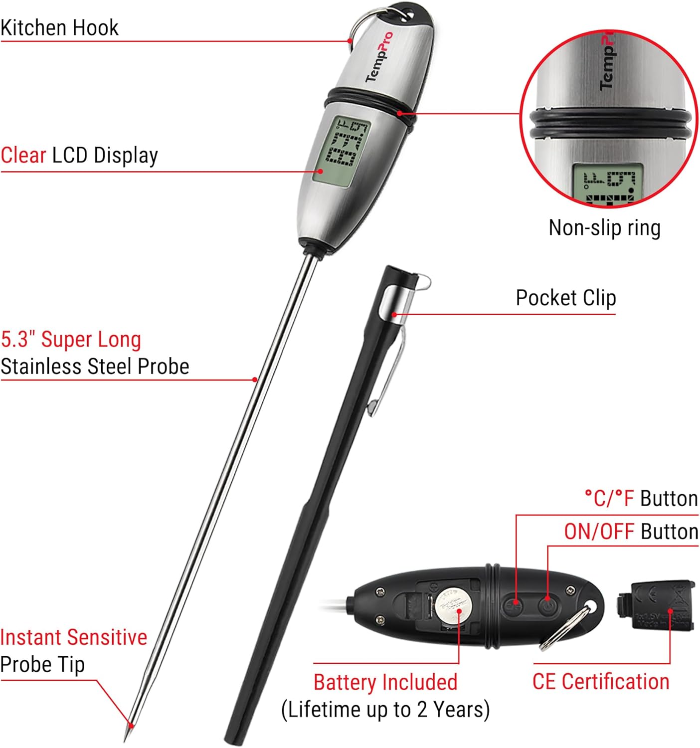 TempPro TP02S Digital Food Thermometer for Cooking Bread Baking Sourdough Liquids, Meat Thermometer Digital with Super Long Probe for Kitchen BBQ Yogurt Candy Making Accessory (Previously ThermoPro)