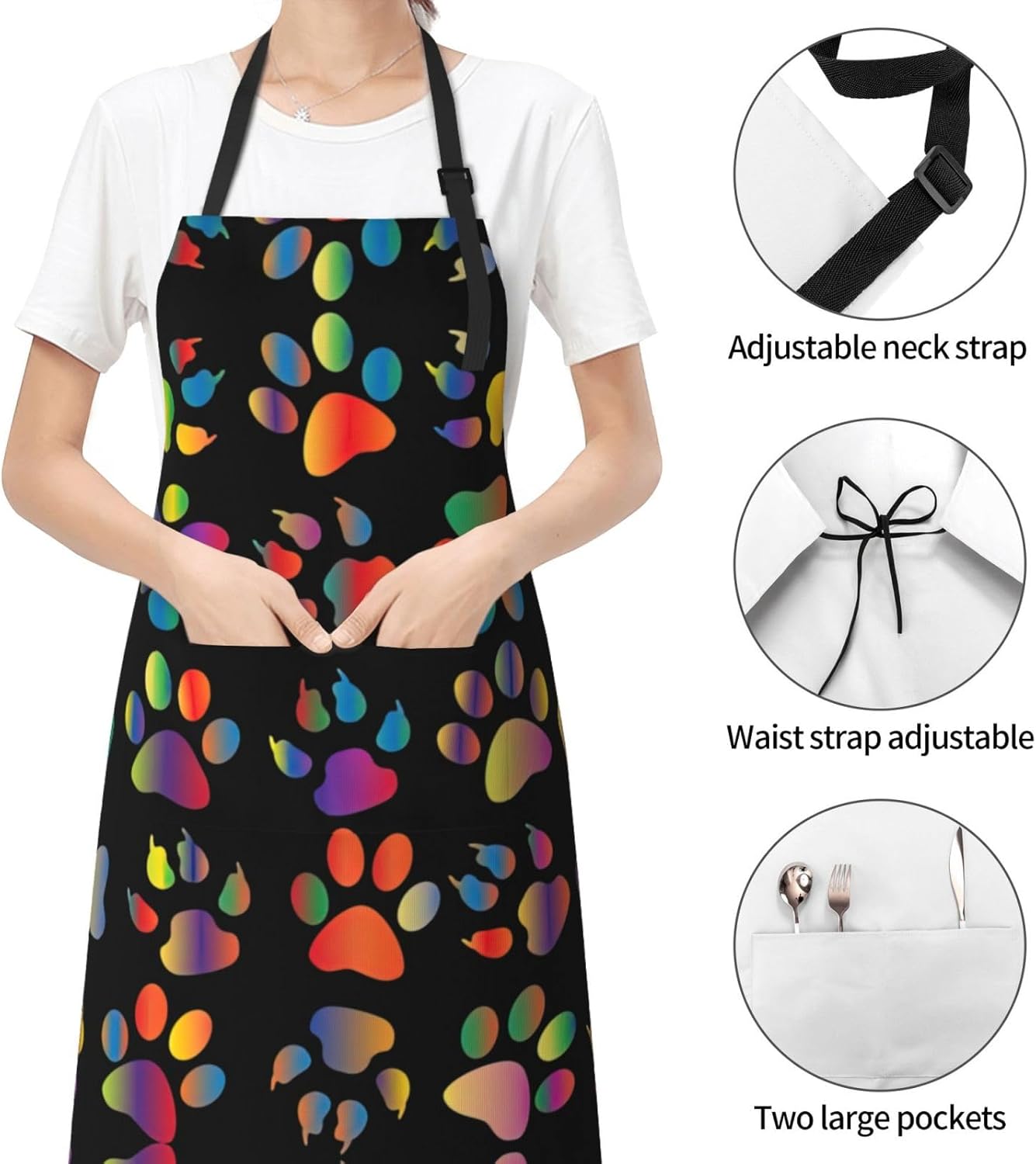 colorful dog paw Print 28x33 In Adult Kitchen Apron with Pockets Versatile Chef Smock for Cooking Baking
