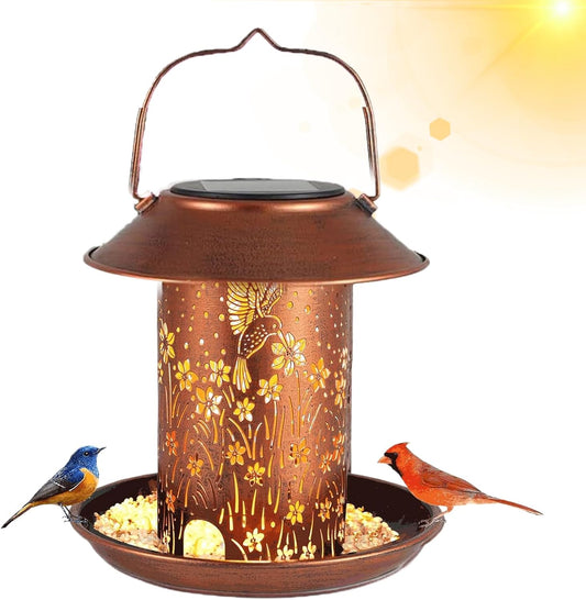 Solar Bird Feeder, Waterproof Metal Lantern Décor with Hollow Feeding 