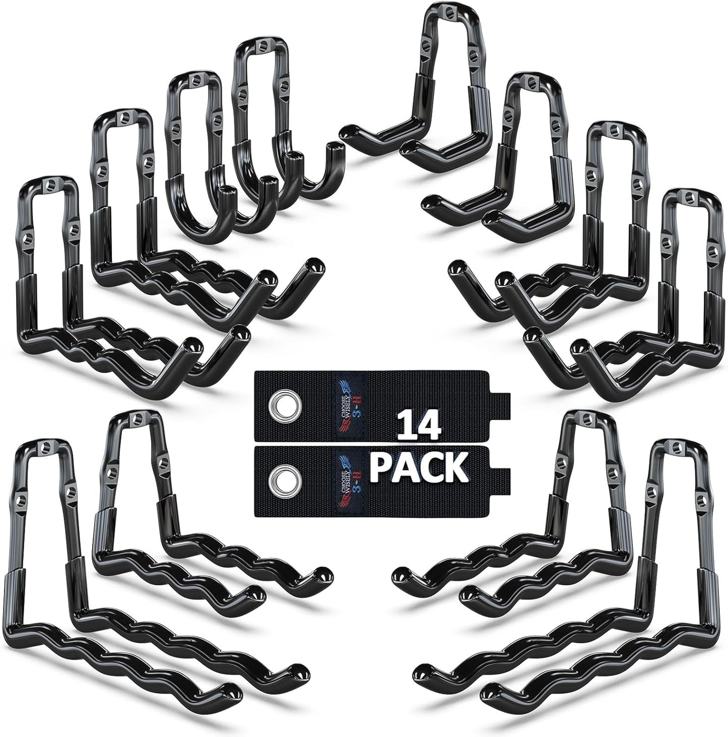 3-H Super Heavy Duty Garage Hooks 14 Pack, One-Piece Construction Garage Wall Hooks, Garage Hanger & Organizer Wall Mount for Ladders, Bikes, Chairs, WeedEaters, Shovels, Garden Tools (Black)