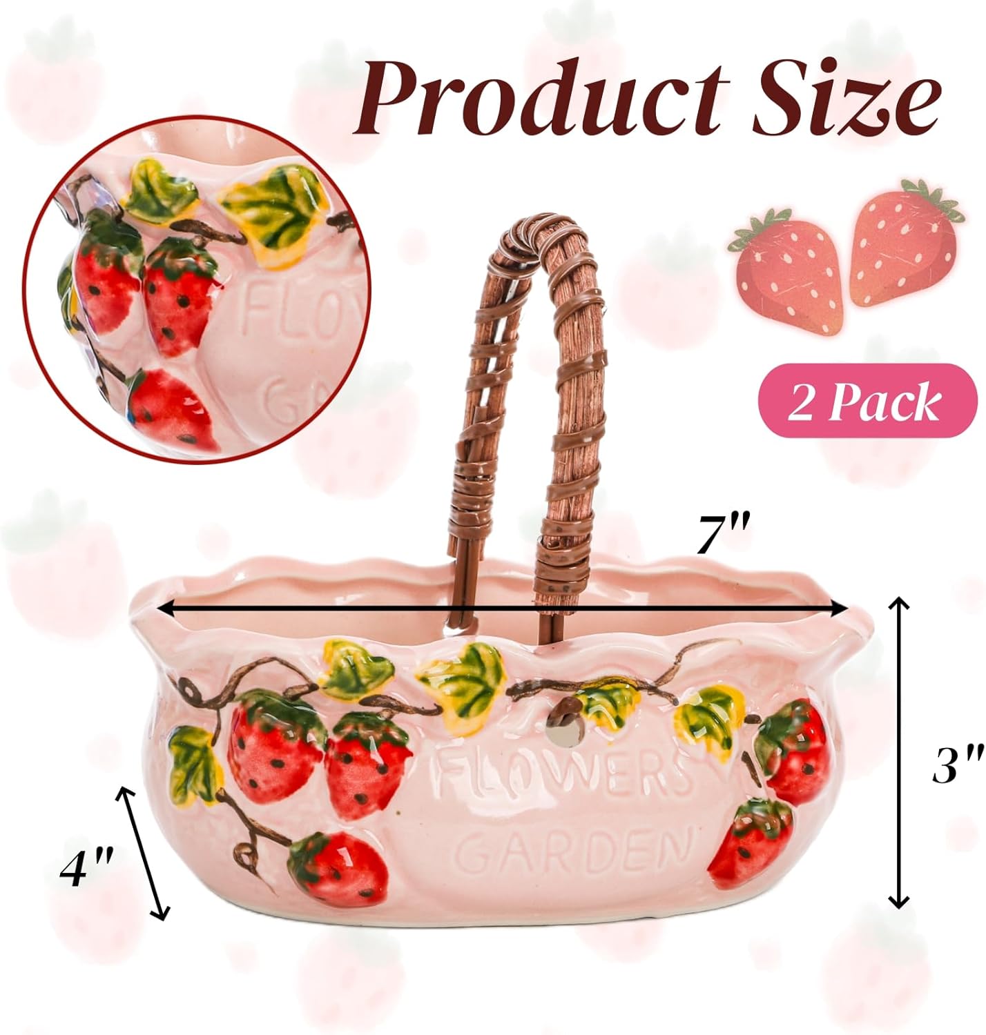 2 Pack Ceramic Succulent Planters, 7 Inch Shallow Bonsai Plant Pot with Handle Drainage Hole, Flower Container Bowl for Cactus Tree, Indoor Outdoor Office Decor, Strawberry Pattern
