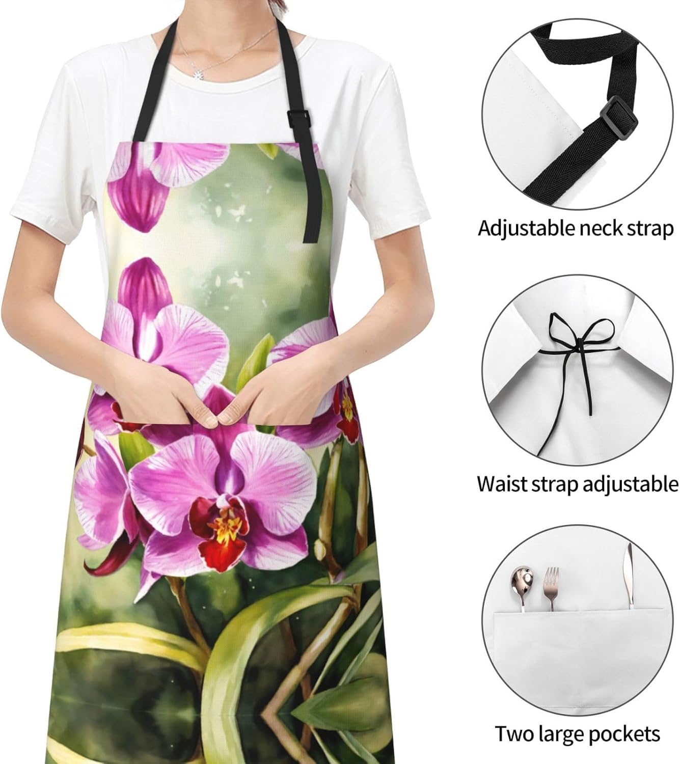 Orchid Print Laundry apron 28x33 In Waterproof Kitchen Apron with Pockets for Cooking Baking