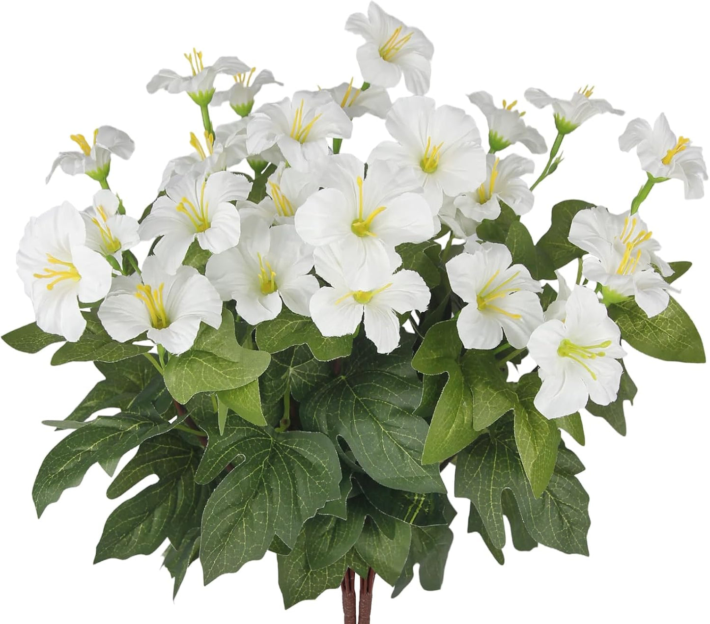 2 Pcs Artificial Flowers for Outdoors Fake Petunias Plants Outside Indoor White Silk Morning Glory UV Resistant Realistic Faux Tropical Flowers for Planter Porch Patio Yard Garden Window