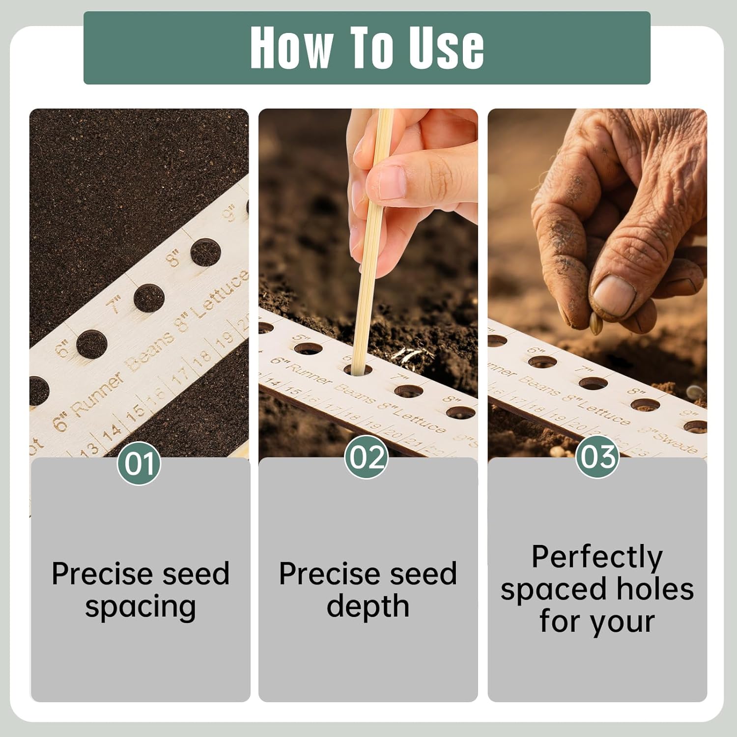 Seed Spacers Planting Tool, Garden Seed Planter Ruler with 2 Wooden St