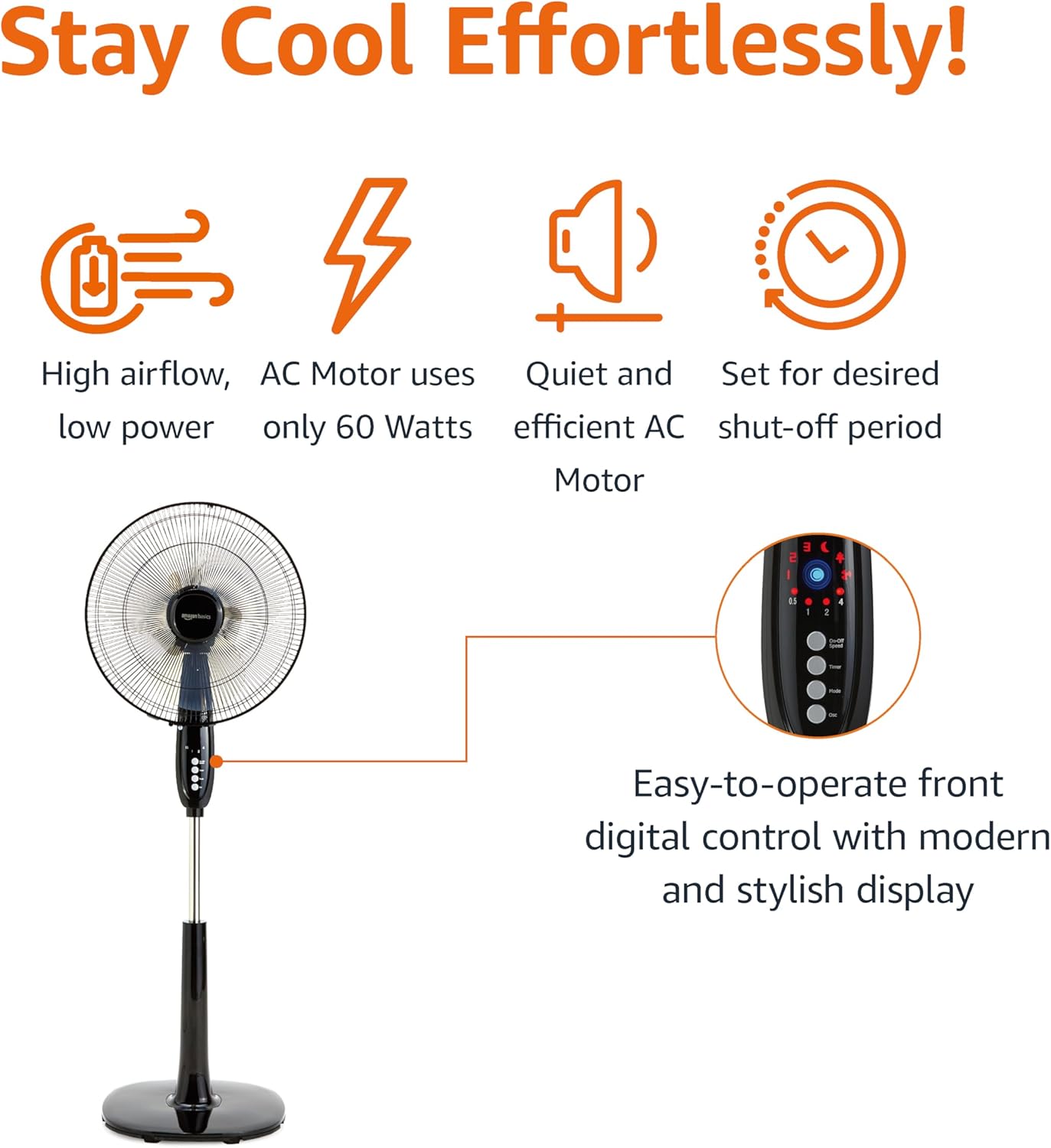Amazon Basics 16" Pedestal Fan with Remote for Bedroom, Living Room, Office, Adjustable Height, Dual-Layered Blades, 3 Speeds, 3 Modes, Timer, Tilt Head, 60W, Black