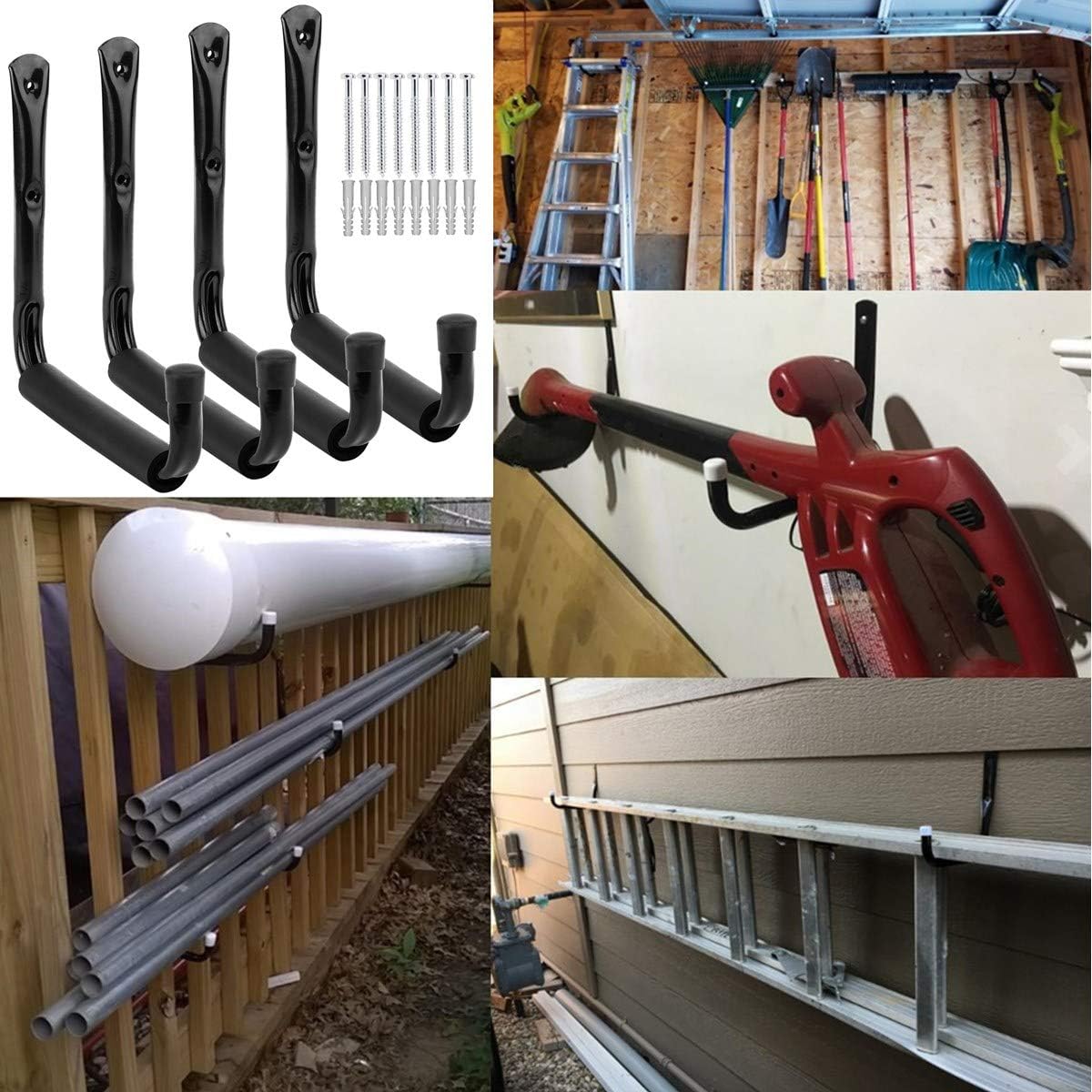 Garage and Garden Storage Utility Hooks Heavy Duty Jumbo Arm Hanger (Black,4 Pcs 8" Hook with EVA Protector)
