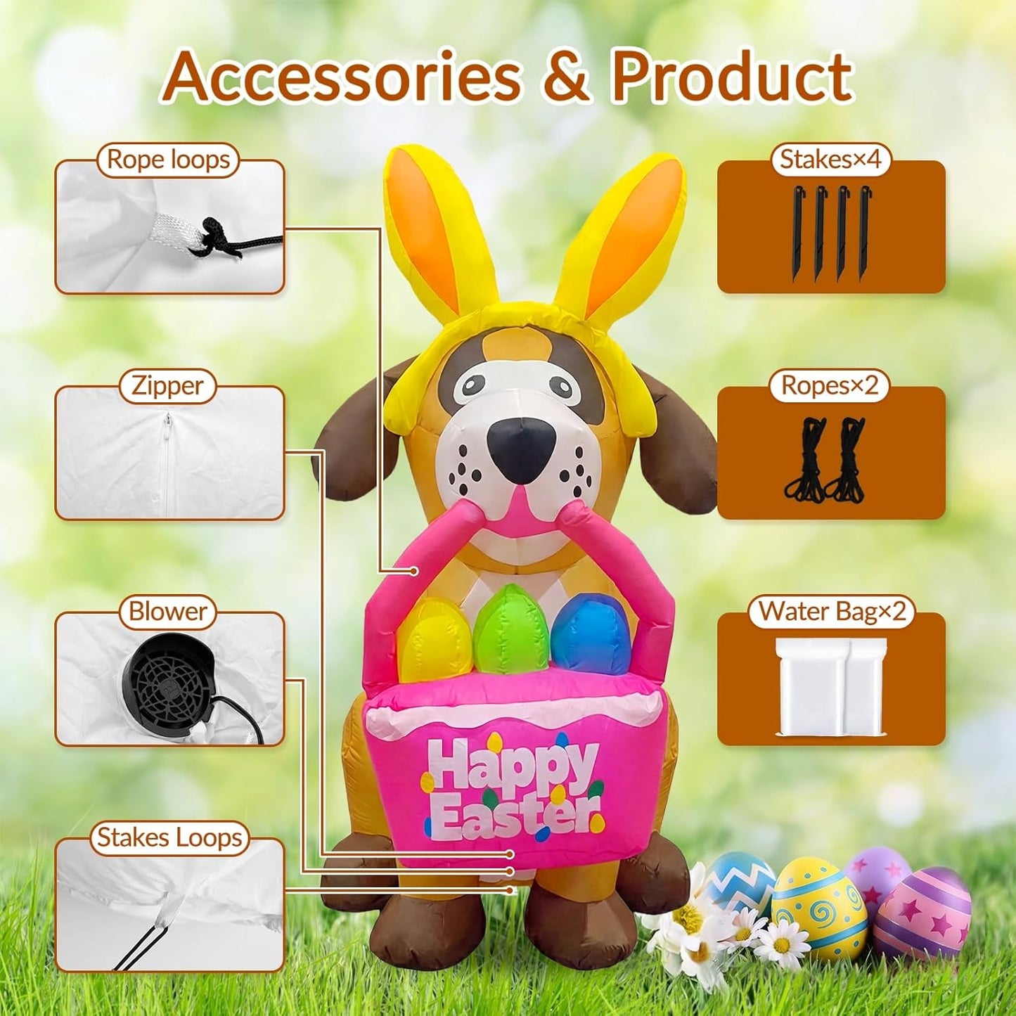 6 FT Easter Inflatables Dog Outdoor Decorations with Bunny Ears, Blow Up Easter Dog Holding Eggs Basket with Build-in LED Lights, Giant Spring Holiday Inflatable Yard Decor for Lawn Garden