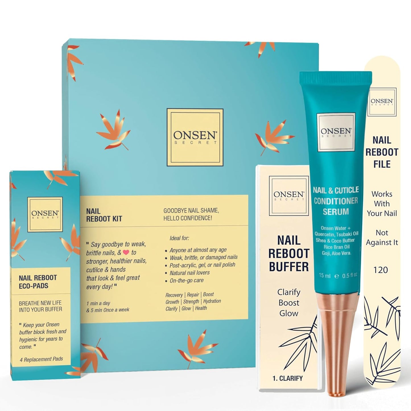 Onsen Secret Nail Care Kit - w/Cuticle Care Serum, Japanese Nail Buffe
